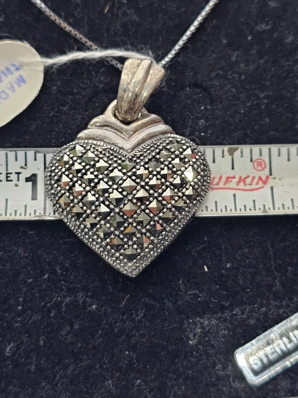 925 NOS Art Deco Sterling Silver Heart Pendant Necklace. Marcasite 24
